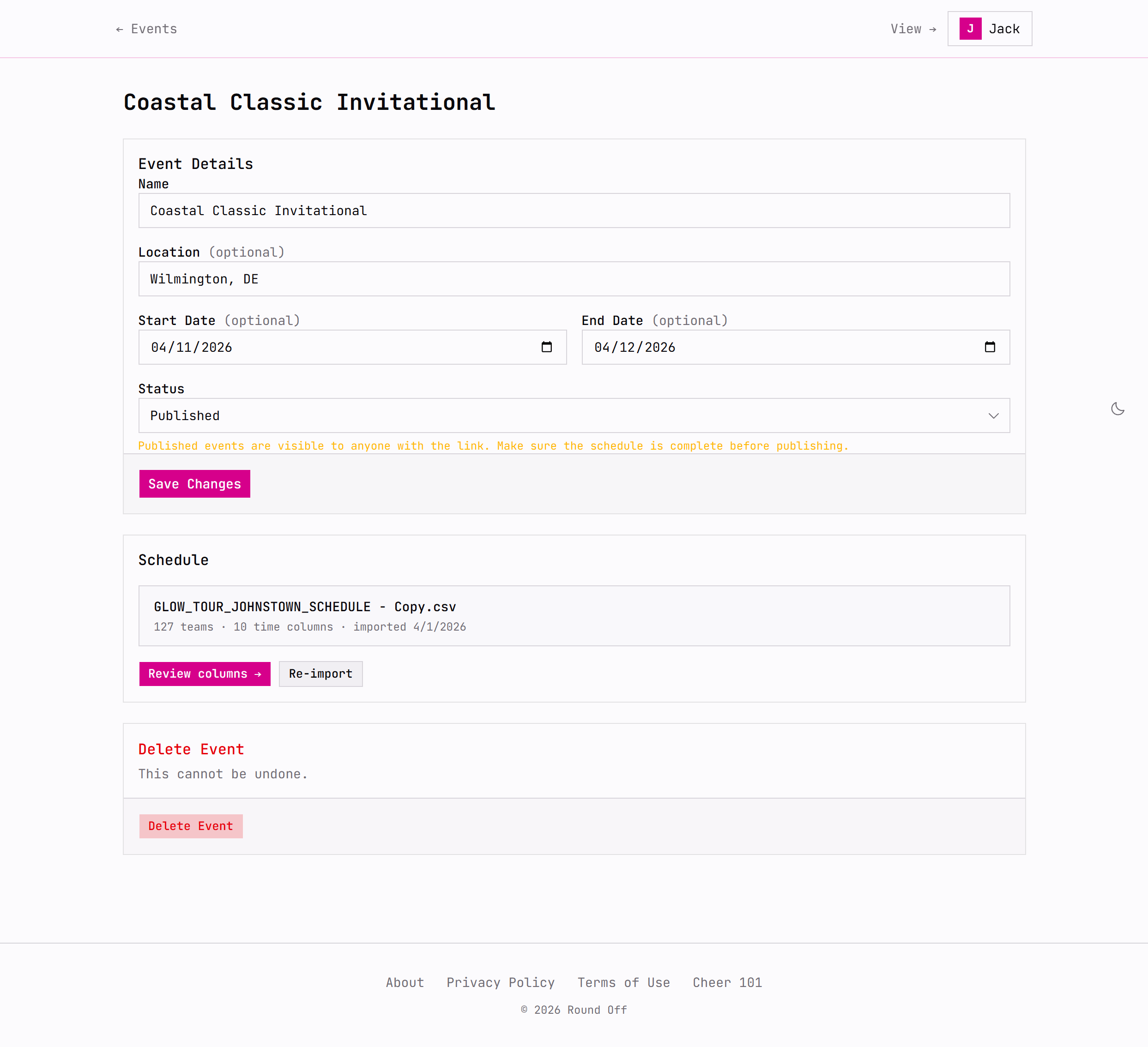 Round Off event editor showing the Coastal Classic Invitational with event details form, published status, and CSV schedule import with 127 teams