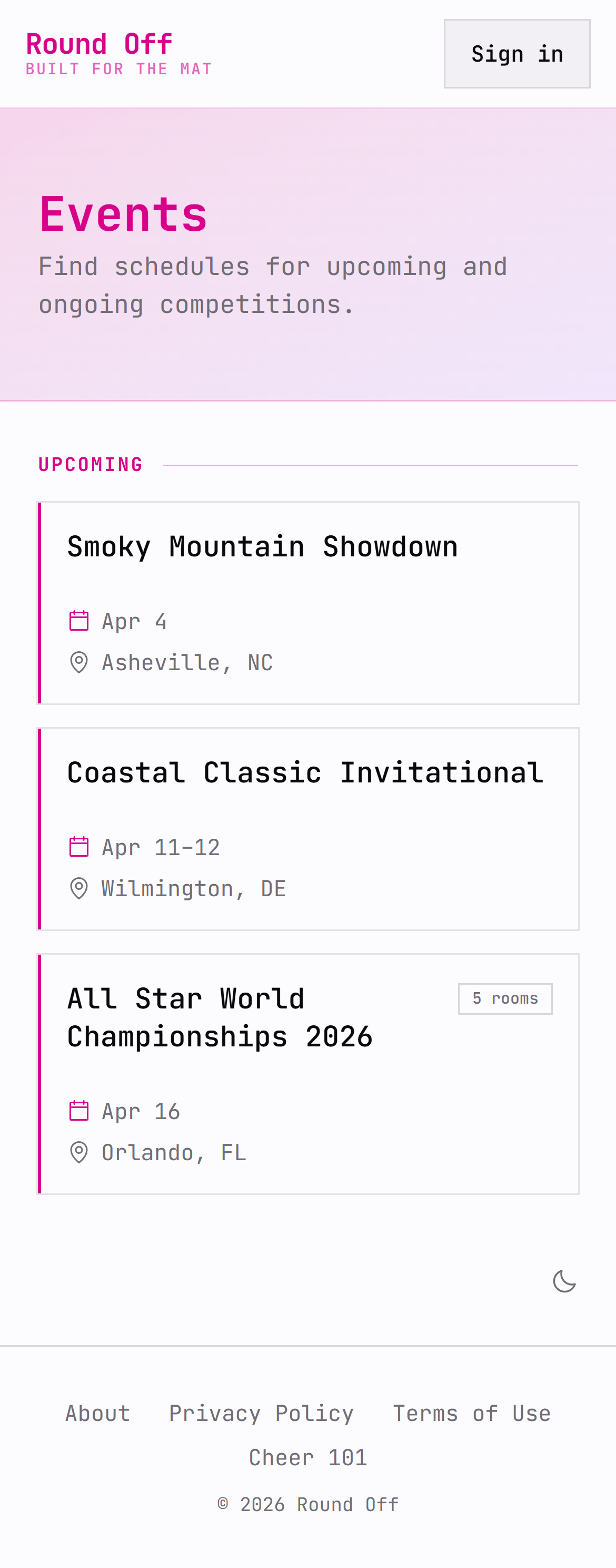 Round Off events list showing Smoky Mountain Showdown, Coastal Classic Invitational, and All Star World Championships